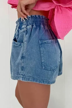 Clearance Dear-Lover Drawstring High Waist Casual Denim Shorts with Pockets Ashleigh Blue