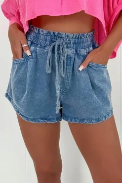 Clearance Dear-Lover Drawstring High Waist Casual Denim Shorts with Pockets Ashleigh Blue