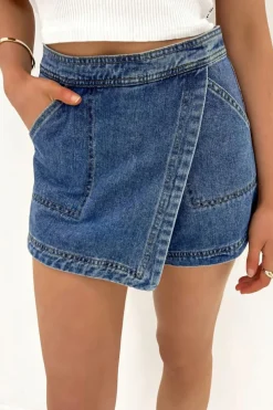 Discount Dear-Lover Faux Wrapped Mini Denim Skort Ashleigh Blue
