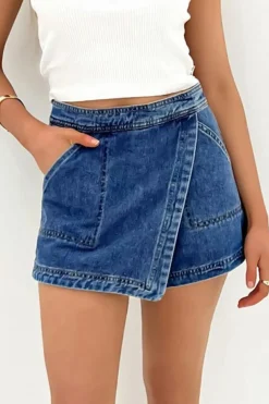 Discount Dear-Lover Faux Wrapped Mini Denim Skort Ashleigh Blue