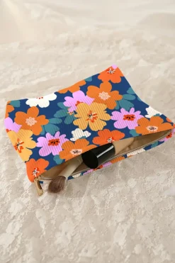 Discount Dear-Lover Flower Print Zipper Corduroy Large Cosmetic Bag Ashleigh Blue