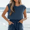 Best Dear-Lover Knit Open Back Cap Sleeve Drawstring Romper Ashleigh Blue