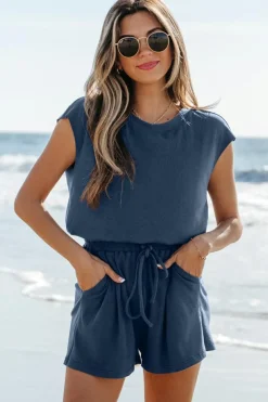 Best Dear-Lover Knit Open Back Cap Sleeve Drawstring Romper Ashleigh Blue
