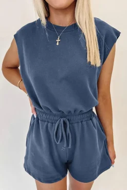 Best Dear-Lover Knit Open Back Cap Sleeve Drawstring Romper Ashleigh Blue