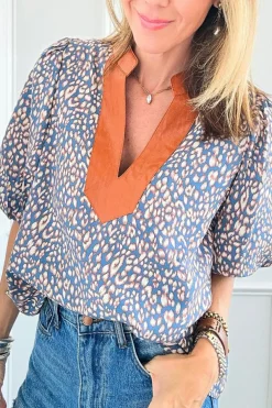 Best Dear-Lover Leopard Print Spot Contrast V Neck Half Puff Sleeve Shirt Ashleigh Blue