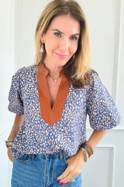 Best Dear-Lover Leopard Print Spot Contrast V Neck Half Puff Sleeve Shirt Ashleigh Blue