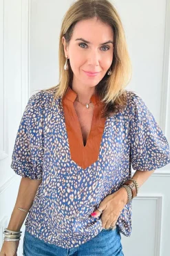 Best Dear-Lover Leopard Print Spot Contrast V Neck Half Puff Sleeve Shirt Ashleigh Blue
