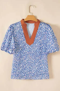 Best Dear-Lover Leopard Print Spot Contrast V Neck Half Puff Sleeve Shirt Ashleigh Blue