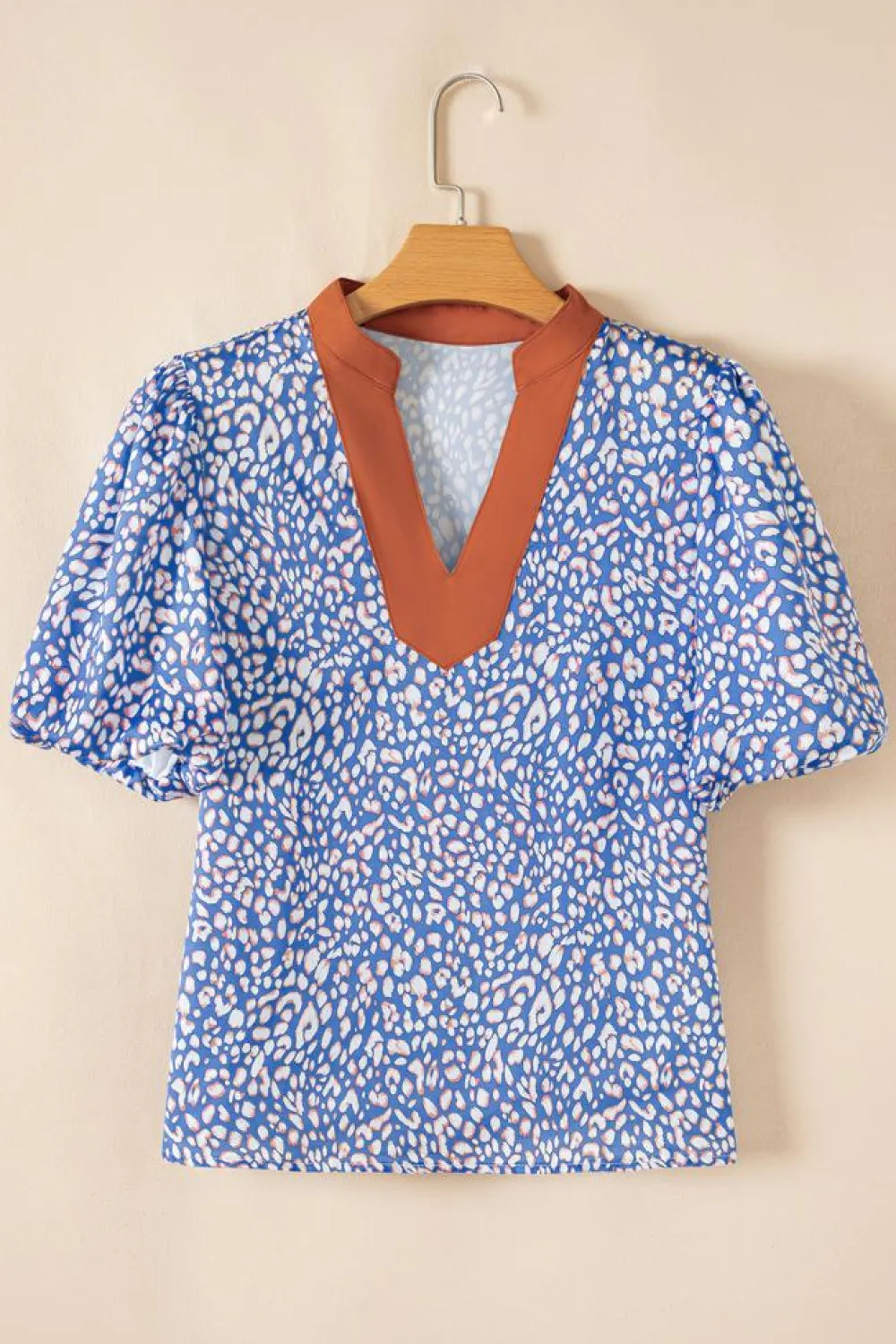 Best Dear-Lover Leopard Print Spot Contrast V Neck Half Puff Sleeve Shirt Ashleigh Blue