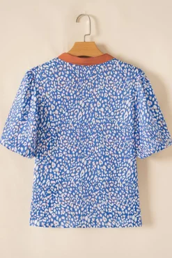 Best Dear-Lover Leopard Print Spot Contrast V Neck Half Puff Sleeve Shirt Ashleigh Blue