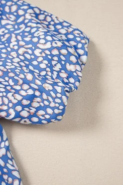 Best Dear-Lover Leopard Print Spot Contrast V Neck Half Puff Sleeve Shirt Ashleigh Blue
