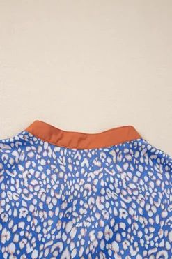 Best Dear-Lover Leopard Print Spot Contrast V Neck Half Puff Sleeve Shirt Ashleigh Blue