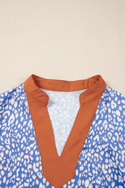 Best Dear-Lover Leopard Print Spot Contrast V Neck Half Puff Sleeve Shirt Ashleigh Blue