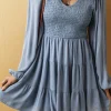Online Dear-Lover Long Sleeve V Neck Smocked Tiered Mini Dress Ashleigh Blue
