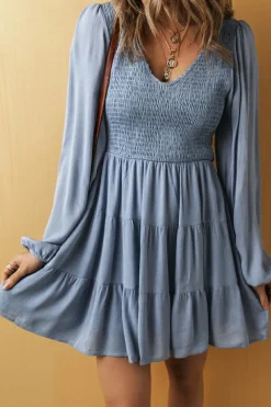 Online Dear-Lover Long Sleeve V Neck Smocked Tiered Mini Dress Ashleigh Blue
