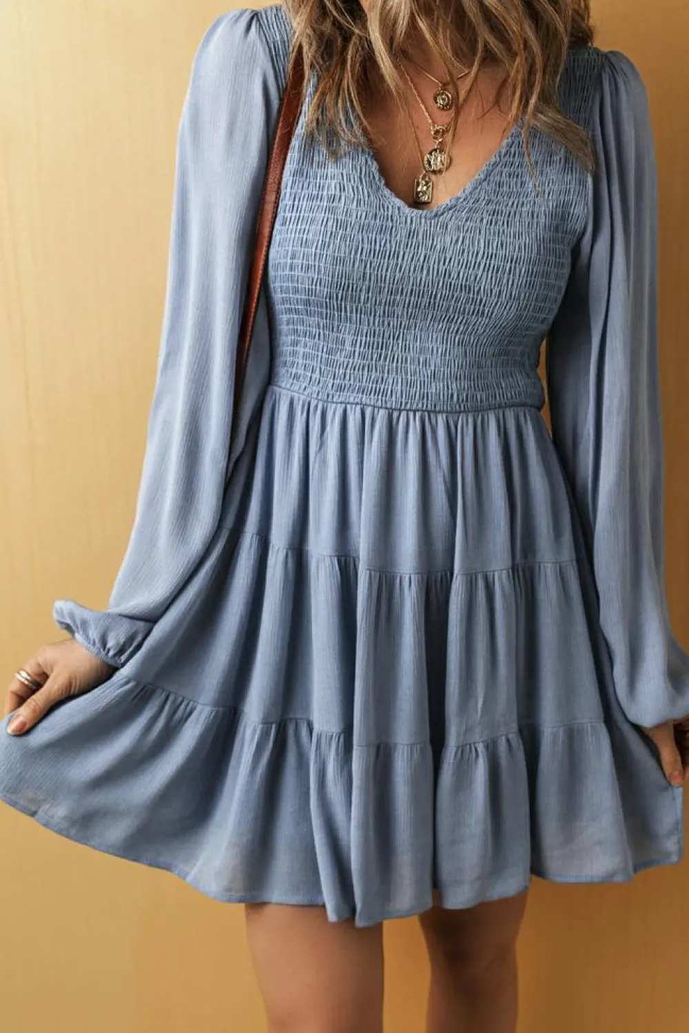 Online Dear-Lover Long Sleeve V Neck Smocked Tiered Mini Dress Ashleigh Blue