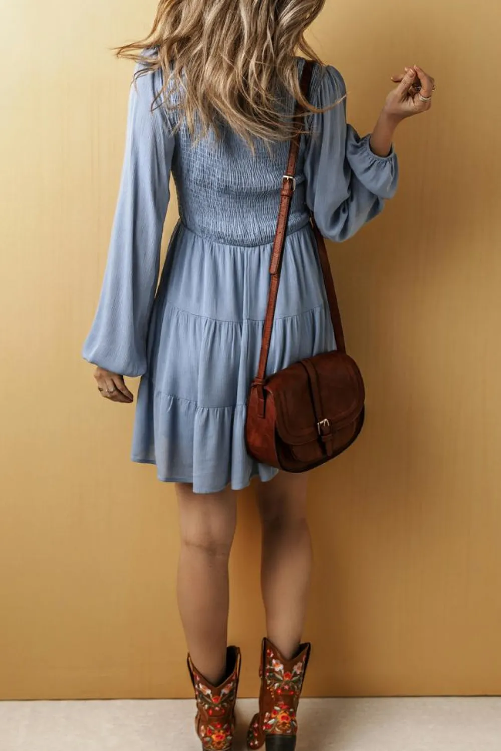 Online Dear-Lover Long Sleeve V Neck Smocked Tiered Mini Dress Ashleigh Blue