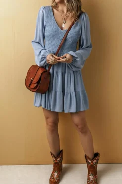 Online Dear-Lover Long Sleeve V Neck Smocked Tiered Mini Dress Ashleigh Blue