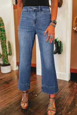 Sale Dear-Lover Mineral Wash High Waist Bell Bottom Crop Jeans Ashleigh Blue
