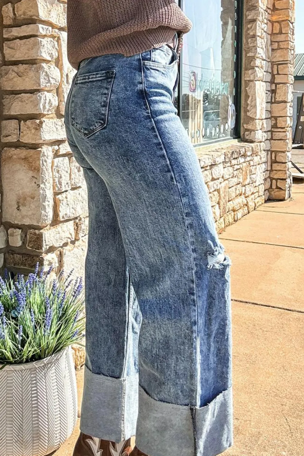 Online Dear-Lover Mineral Wash Bottom Cuff Distressed Wide Leg Jeans Ashleigh Blue