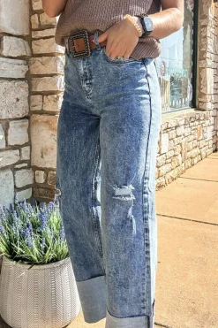 Online Dear-Lover Mineral Wash Bottom Cuff Distressed Wide Leg Jeans Ashleigh Blue