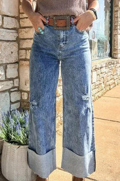 Online Dear-Lover Mineral Wash Bottom Cuff Distressed Wide Leg Jeans Ashleigh Blue