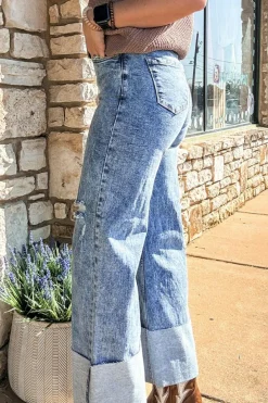 Online Dear-Lover Mineral Wash Bottom Cuff Distressed Wide Leg Jeans Ashleigh Blue