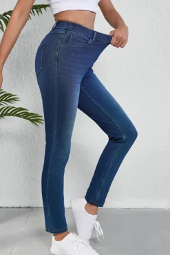 Sale Dear-Lover Multiple Pockets Straight Leg Washed Stretchy Knit Casual Jeans Ashleigh Blue