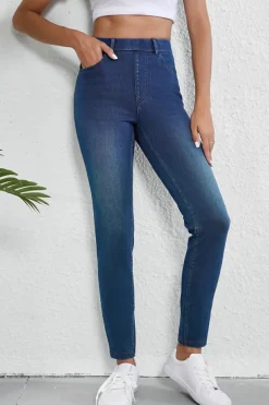Sale Dear-Lover Multiple Pockets Straight Leg Washed Stretchy Knit Casual Jeans Ashleigh Blue