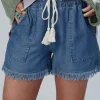 New Dear-Lover Raw Hem Drawstring High Waist Denim Shorts with Pockets Ashleigh Blue