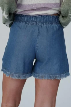 New Dear-Lover Raw Hem Drawstring High Waist Denim Shorts with Pockets Ashleigh Blue