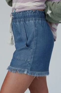 New Dear-Lover Raw Hem Drawstring High Waist Denim Shorts with Pockets Ashleigh Blue