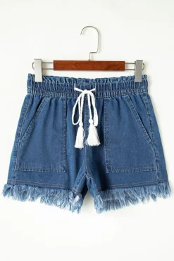 New Dear-Lover Raw Hem Drawstring High Waist Denim Shorts with Pockets Ashleigh Blue