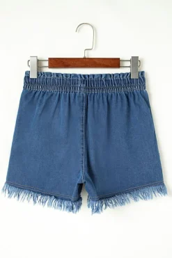 New Dear-Lover Raw Hem Drawstring High Waist Denim Shorts with Pockets Ashleigh Blue