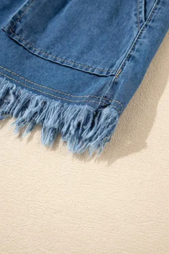 New Dear-Lover Raw Hem Drawstring High Waist Denim Shorts with Pockets Ashleigh Blue