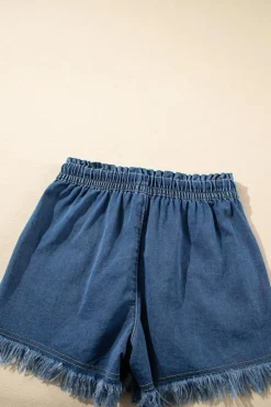New Dear-Lover Raw Hem Drawstring High Waist Denim Shorts with Pockets Ashleigh Blue