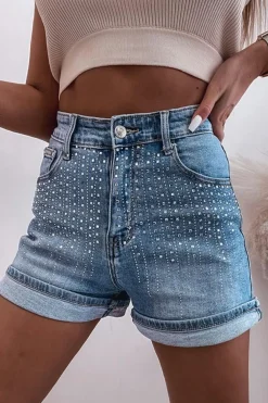 Sale Dear-Lover Rhinestone Embellished Denim Shorts Ashleigh Blue