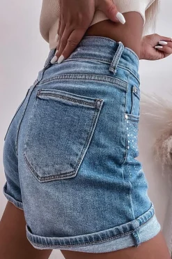 Sale Dear-Lover Rhinestone Embellished Denim Shorts Ashleigh Blue