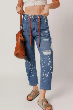 Outlet Dear-Lover Ripped Splattering Paint Rope Waist Cropped Straight Jeans Ashleigh Blue