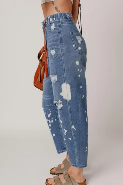 Outlet Dear-Lover Ripped Splattering Paint Rope Waist Cropped Straight Jeans Ashleigh Blue