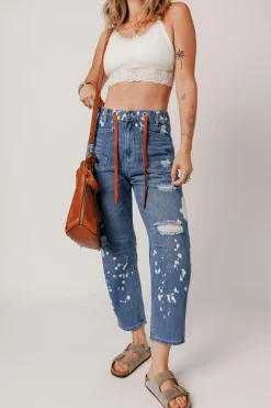 Outlet Dear-Lover Ripped Splattering Paint Rope Waist Cropped Straight Jeans Ashleigh Blue