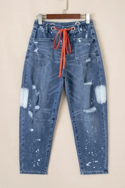 Outlet Dear-Lover Ripped Splattering Paint Rope Waist Cropped Straight Jeans Ashleigh Blue