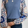 Best Dear-Lover Ruffled Floral Sleeve Patchwork Waffle Knit O Neck Blouse Ashleigh Blue