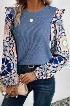 Best Dear-Lover Ruffled Floral Sleeve Patchwork Waffle Knit O Neck Blouse Ashleigh Blue