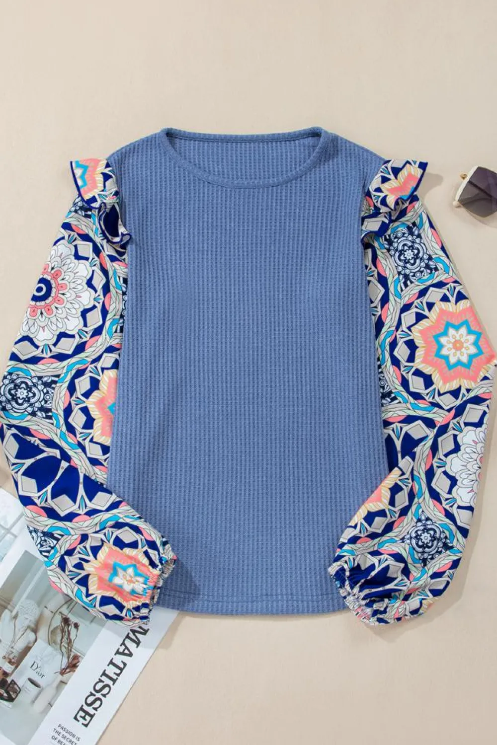 Best Dear-Lover Ruffled Floral Sleeve Patchwork Waffle Knit O Neck Blouse Ashleigh Blue