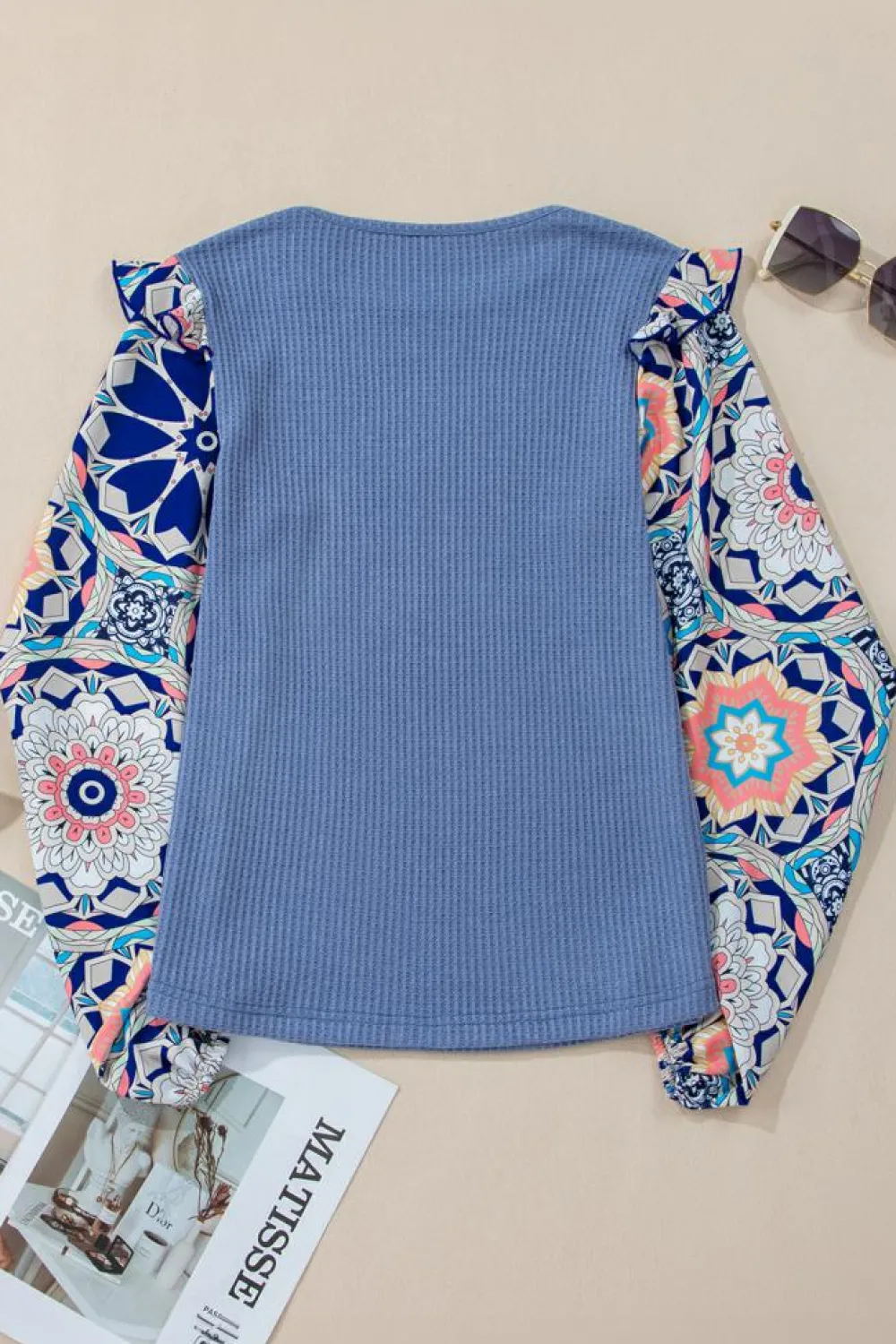 Best Dear-Lover Ruffled Floral Sleeve Patchwork Waffle Knit O Neck Blouse Ashleigh Blue