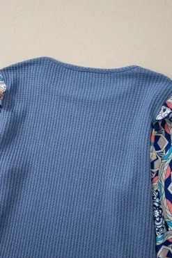 Best Dear-Lover Ruffled Floral Sleeve Patchwork Waffle Knit O Neck Blouse Ashleigh Blue