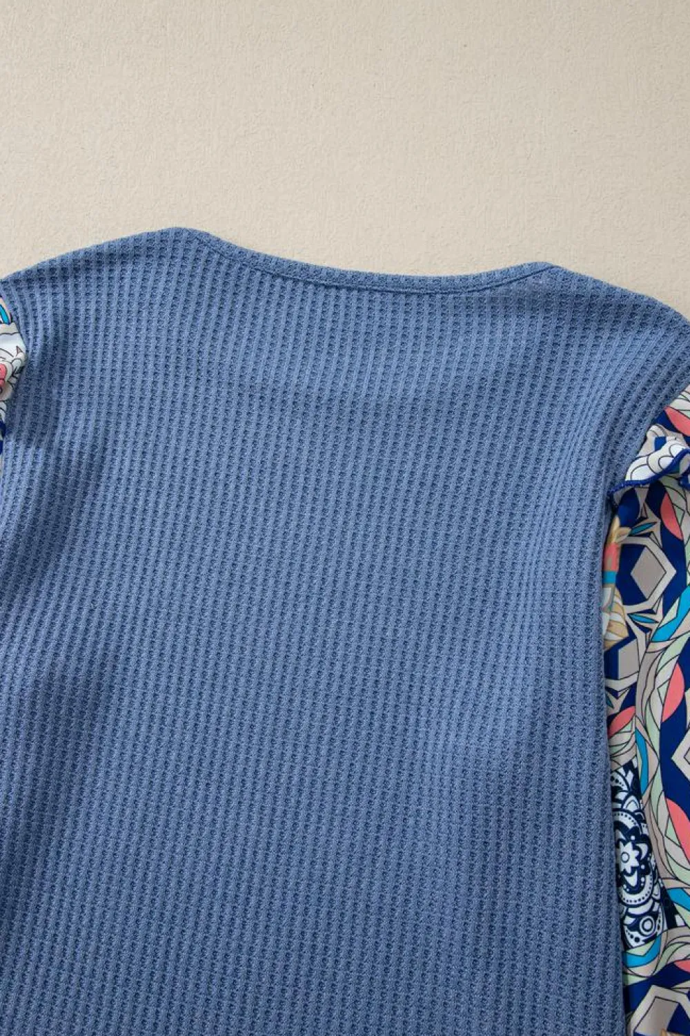 Best Dear-Lover Ruffled Floral Sleeve Patchwork Waffle Knit O Neck Blouse Ashleigh Blue
