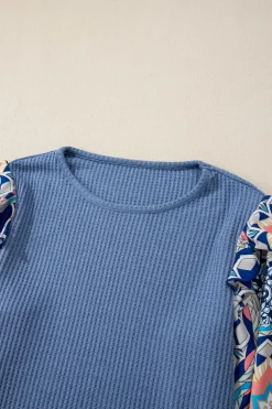 Best Dear-Lover Ruffled Floral Sleeve Patchwork Waffle Knit O Neck Blouse Ashleigh Blue