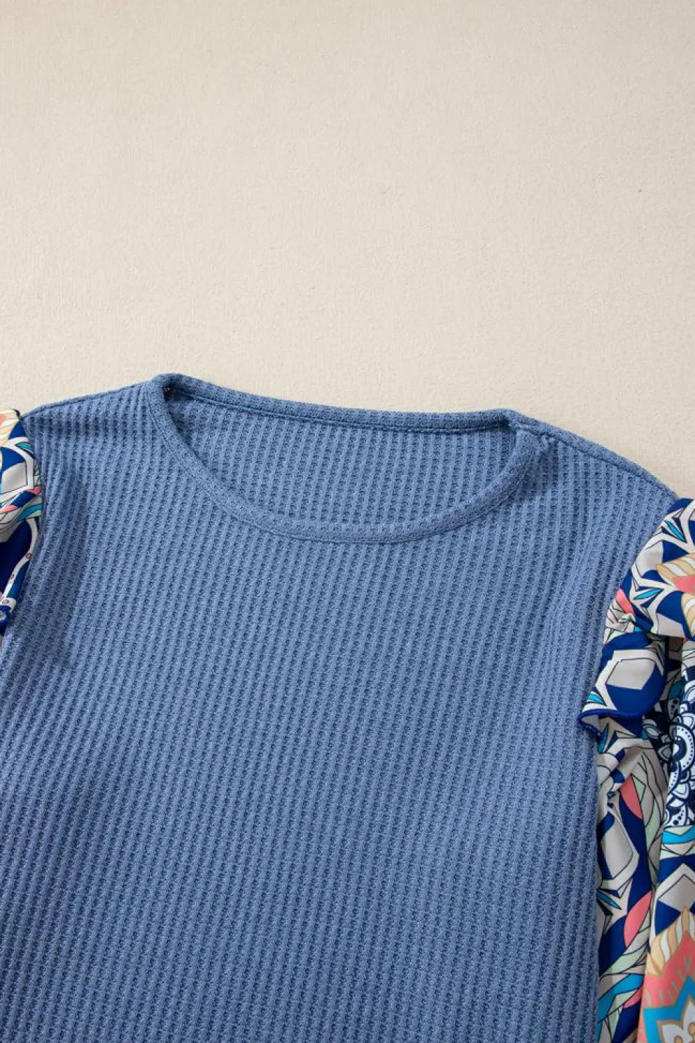 Best Dear-Lover Ruffled Floral Sleeve Patchwork Waffle Knit O Neck Blouse Ashleigh Blue